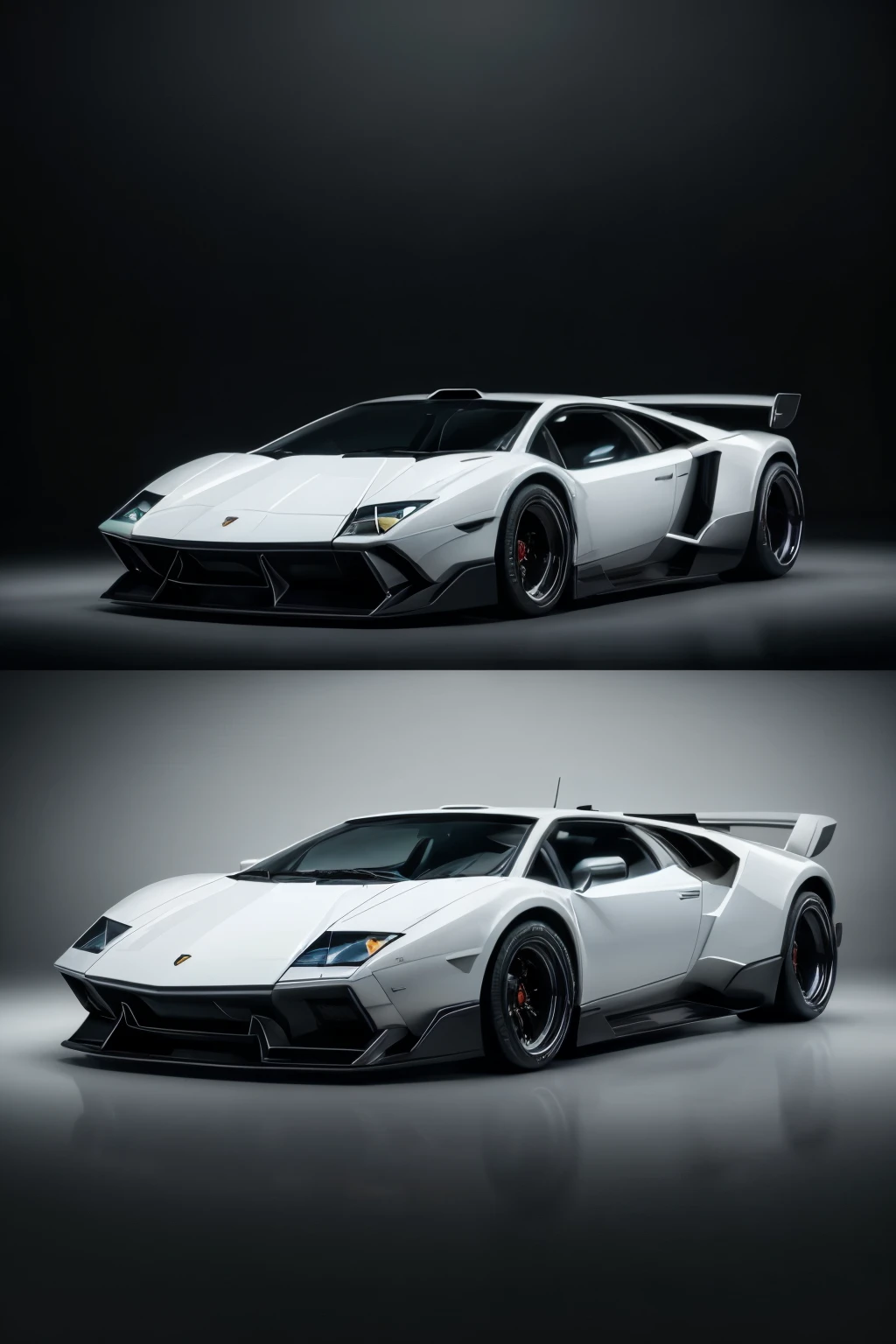1. In the first frame, we find a captivating fusion of the iconic White Lamborghini Countach and a menacing shark robotic design, showcased in a stunning front view. The Countach's classic lines are seamlessly merged with the sharp, angular features of a shark, resulting in an imposing yet elegant front grille. The headlights glow with a futuristic intensity, while the shark's gills subtly peek out from either side. The car's hood is adorned with a gleaming shark's tooth, adding a touch of ferocity to this extraordinary vehicle.
2. Moving to the side view, the fusion