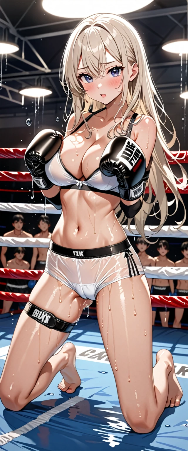 korean beautifull girl,18 years old,Pretty Face,Good shape,detailed picture, Seductive expression, blush,White long hair, Wear white fun underwear,Soaked,Wear black garter stockings,barefoot, Wearing black boxing gloves,Black sleeves on arms, Kneeling on the boxing ring and doing sexy moves,Large Breasts,Cleavage,Long legs,Thin waist,nipple,Camel toe