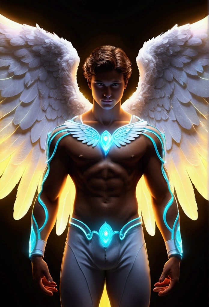 arafed male angel with glowing wings and glowing wings, glowing angelic being, winged boy, neon wings, angel spirit guide, winged human, epic angel wings, angelic, archangel, tron angel, infinite angelic wings, male with halo, colorfull digital fantasy art, beautiful digital artwork, angelic wings, archangel michael, angelical, fantasy art behance