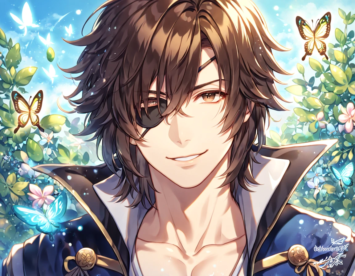 absurdres, highres, ultra detailed, HDR, master piece, best quality, extremely detailed face, delicated features, Date Masamune, medium length hair, brown hair, expressive brown eyes, black eye patch on the left eye, Sengoku Basara, solo, sexy man, handsome, smile, dark blue coat with high collar, black gloves, fantasy, magical, butterflies, summer, green leaves, flowers, water