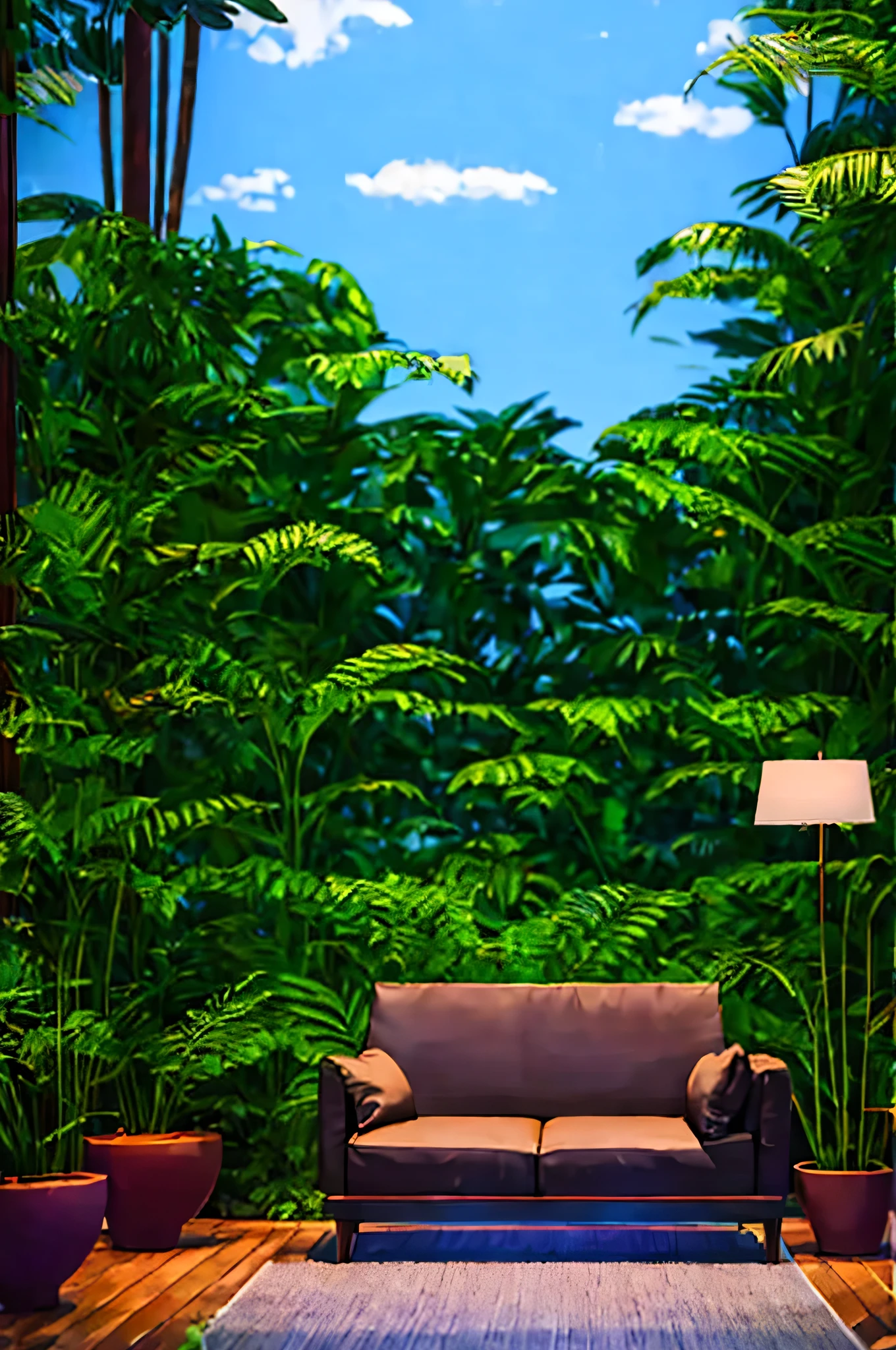 Sofa and coffee table，There are some small trees behind，Display at a booth in a shopping mall，Green Spaces，The ground is a lawn，There are some flowers and plants around，Advanced，4k quality，landscape