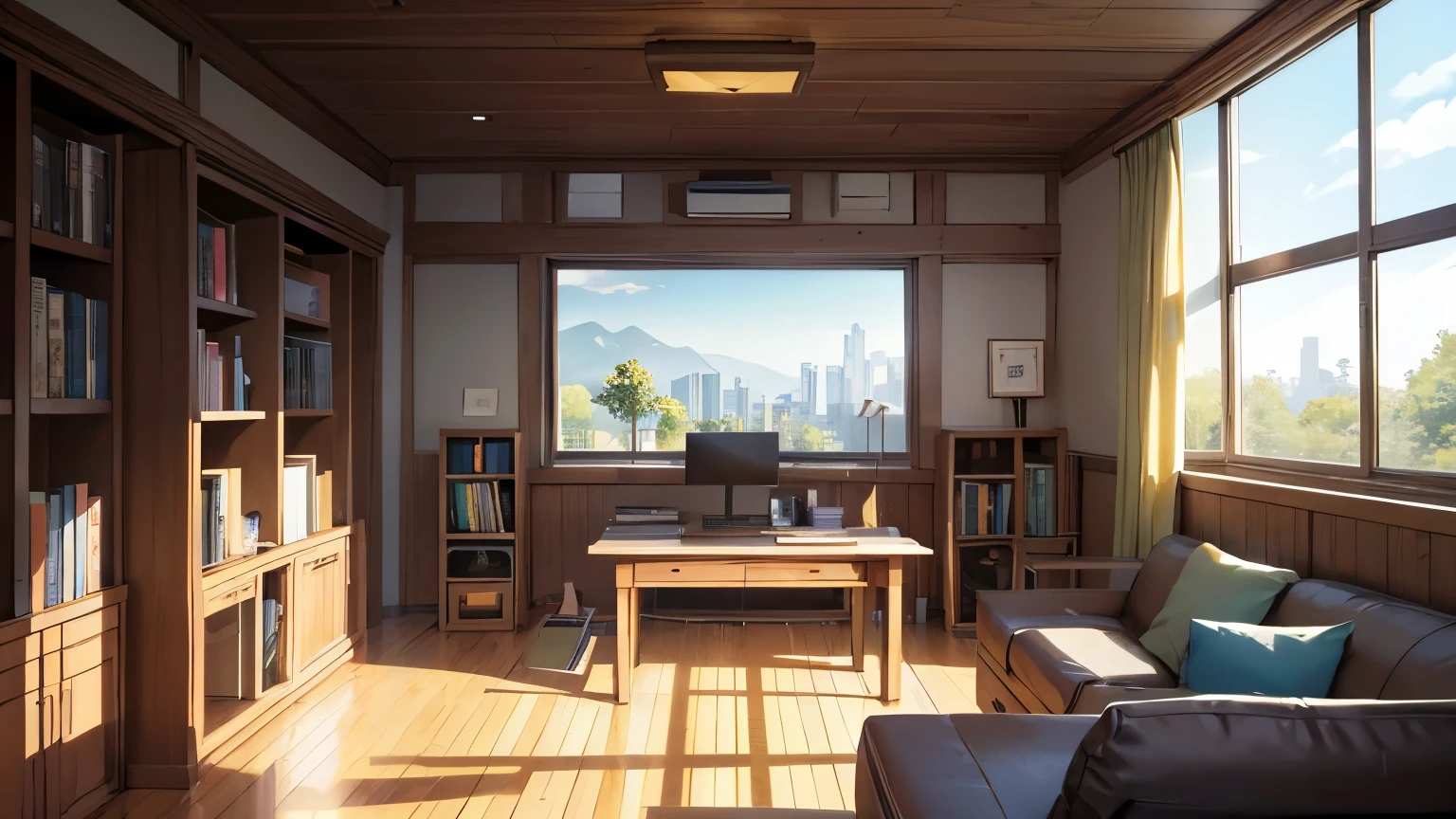 create a financial organization environment in the anime ghibi studios style, ambient landscape style in a room with sunlight, table and books and money to organize