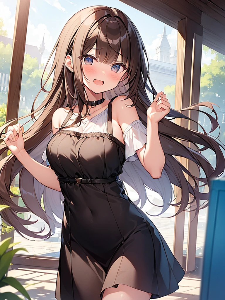 (Masterpiece, Top quality: 1.5), (1 girl, solo), large breasts, standard weight, (brown hair:1.3), (airy hair, wavy hair), long hair ,asymmetry bangs, swept bangs, old, happy:1.1, (flustered:1.2), casual fashion with many gorgeous and colorful decorations, Various Situations:1.2, (dynamic angle:1.3), (Various pose:1.3), magnificent panorama view, open mouth, summer:1.2, __items__ __items__ __items__,
