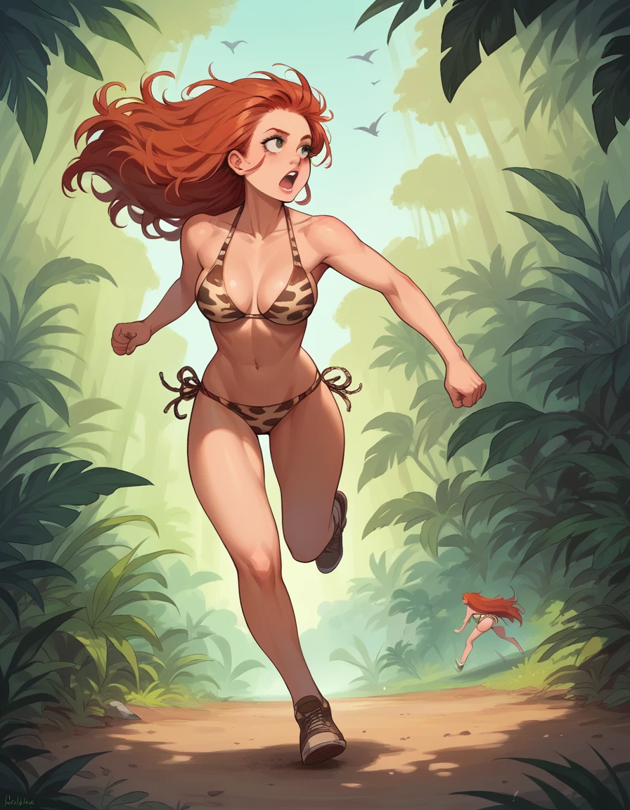 ((1girl)), ((girl is nude,18 yo, (redhead long hair), perfect body, girl is dressed with an animal-print bikini, running and falling down to the ground )), (background jungle ) (side angle)