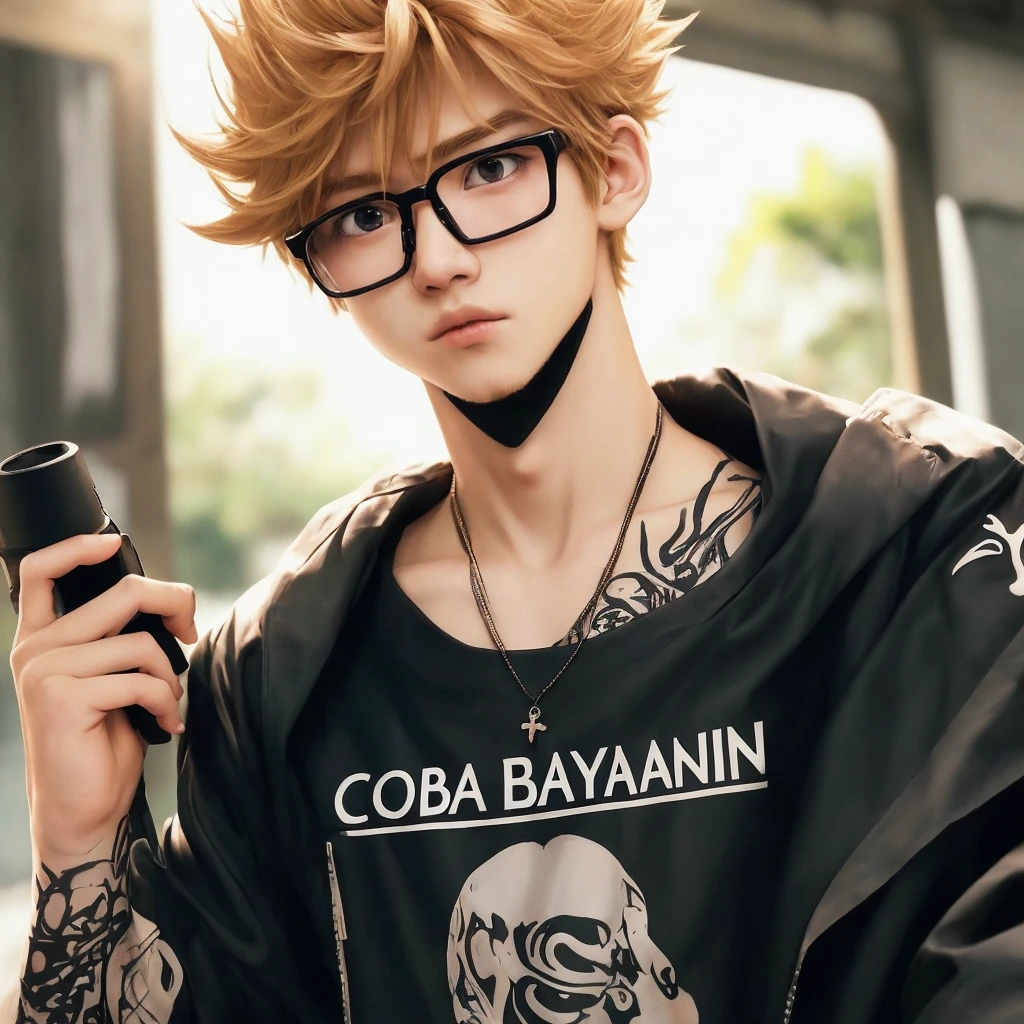 HD ULTRA anime a handsome Age 15 man wearing black glasses..blode hair.. on his body is written "coba bayangin"