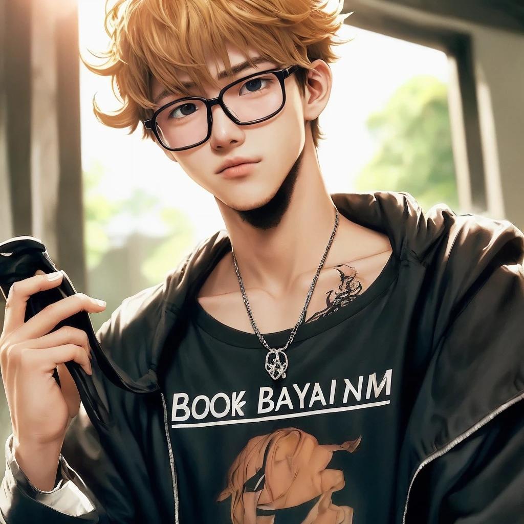 HD ULTRA anime a handsome Age 15 man wearing black glasses..blode hair.. on his body is written "coba bayangin"
