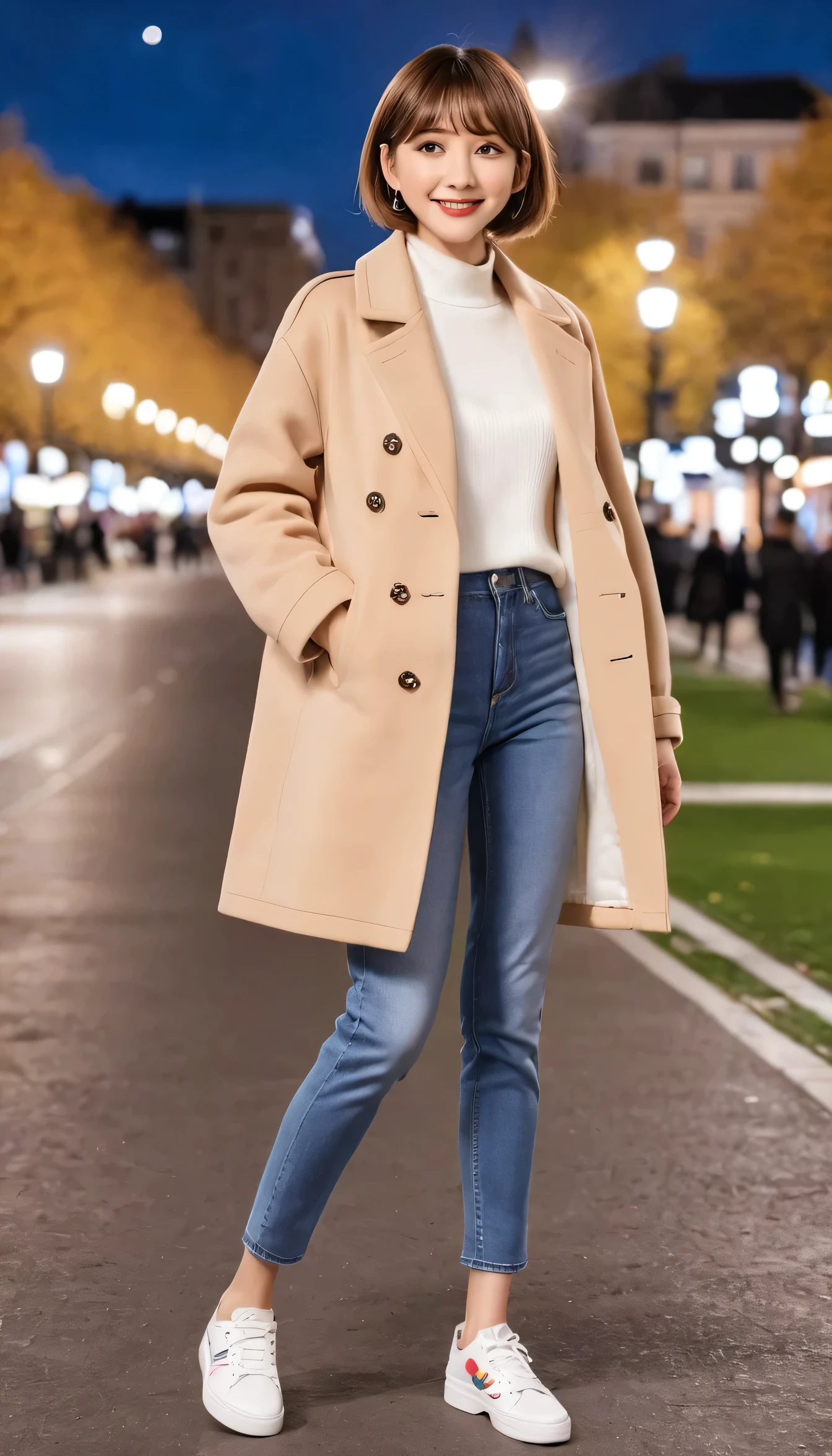 high quality,16K:1.1),(Depth of written boundary:1.3) ,Full body photo、Standing woman、smile、Short Haircut、Wearing a coat、shirt、Skinny jeans、sneakers、View your viewers:1.3),(Full Body Shot:1.2),Background is a park at night