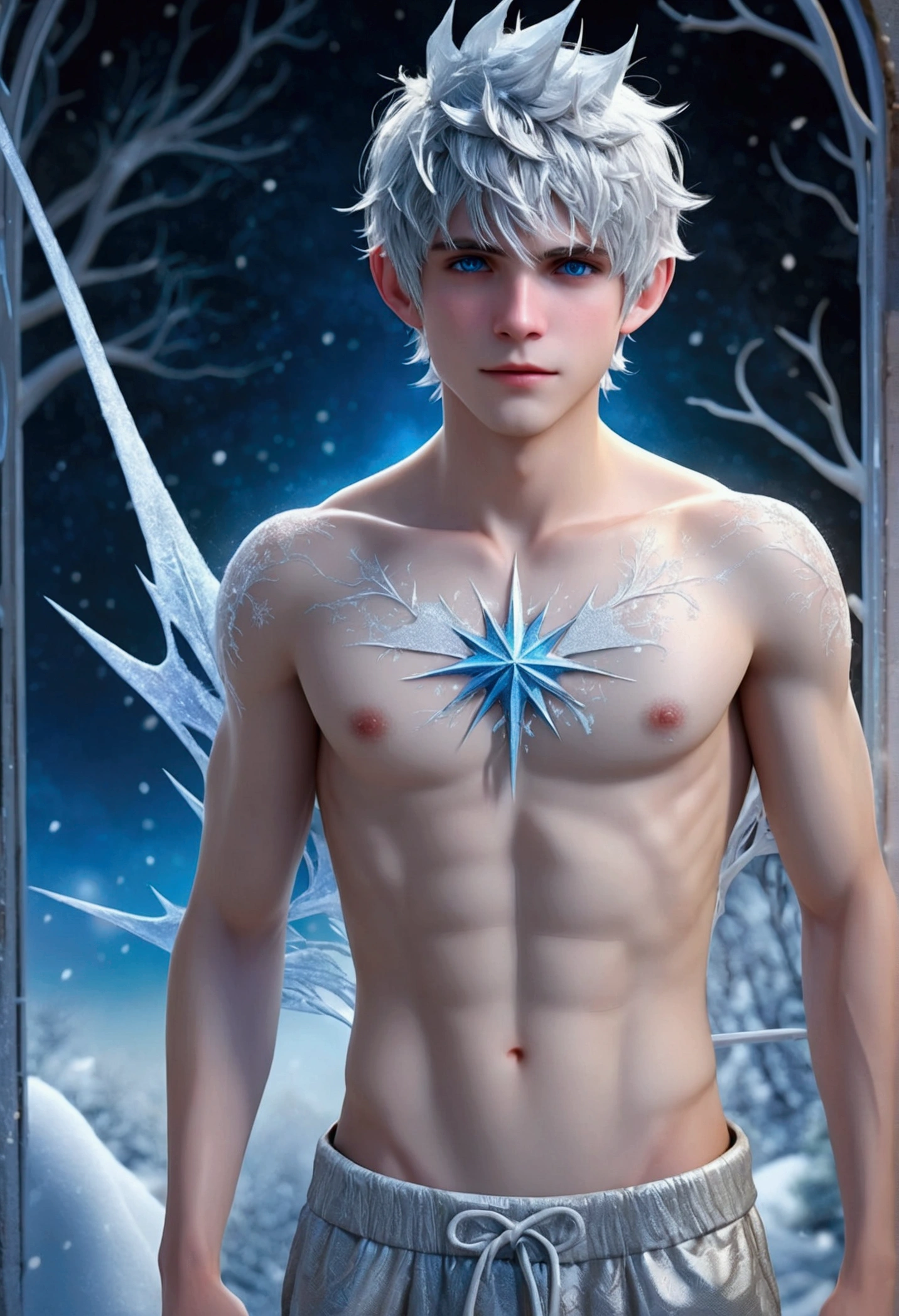 (Jack Frost: 1.6), full full body shots photorealistiic young man, fairy prince , 18 years old, milk white skin, blue eyes, white hair, shirtless, 6-pax abs, (full body shot), young boy, 18 years old, beutiful, perfect, milk white skin, handsome and ver hunky body, very detailed blue eyes, very pale skin, barefoot in a snow forest, winter , white sparkling wing, . (masterpiece:1.4, best quality), (intricate detail), Unity 8k wallpaper, Ultra Detailed, (abstract art:1.2), (Anato Finnstark style:1.3), boy from another dimension, a symphony of iridescent colors merging and shifting seamlessly, dynamic pose with rotating patterns of energy around you, a mix of determination and serenity in his expression, a general feeling of transcendence and exploration, consumed by inner darkness, empty waiting you, (Beautiful cosmic eyes), perfect lighting, perfect shading, (Children face), naked and nude