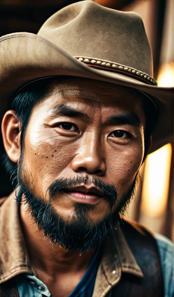 Masterpiece, high resolution, best quality, texturesที่มีความสมจริง, Cowboy camera angle, 1 Asian Thai man, beard, Close-up photography, character design, shading (textures), F1 aperture.8, เลนส์ Sony FE GM, Chromatic aberration, film lighting, artistic, hyper realistic, 