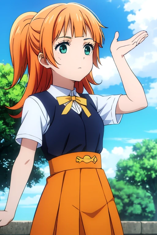 Green eyes, long orange hair, sky blue sailor uniform dress