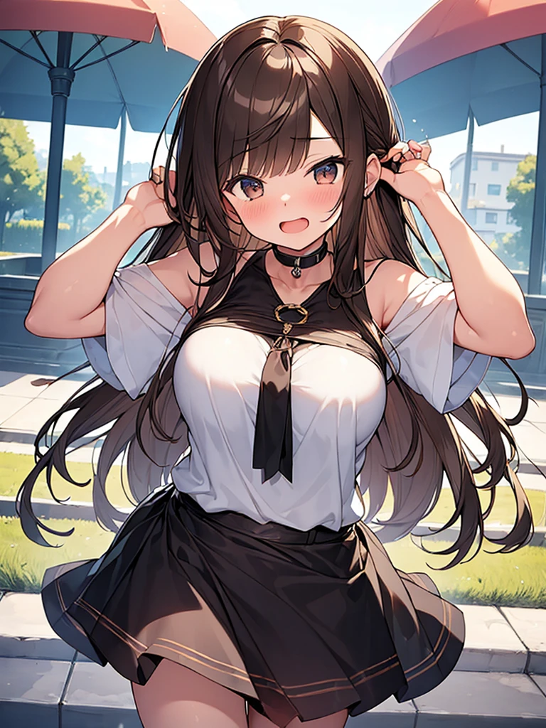 (Masterpiece, Top quality: 1.5), (1 girl, solo), large breasts, standard weight, (brown hair:1.3), (airy hair, wavy hair), long hair ,asymmetry bangs, swept bangs, 15 year old, happy:1.1, (flustered:1.2), casual fashion with many gorgeous and colorful decorations, Various Situations:1.2, (dynamic angle:1.3), (Various pose:1.3), magnificent panorama view, open mouth, summer:1.2,  __items__ __items__ __items__, 