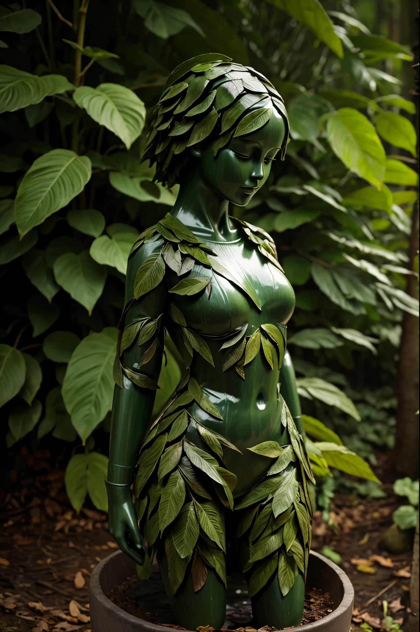 A human like figure made of leaves dancing on a pot, forest rain background