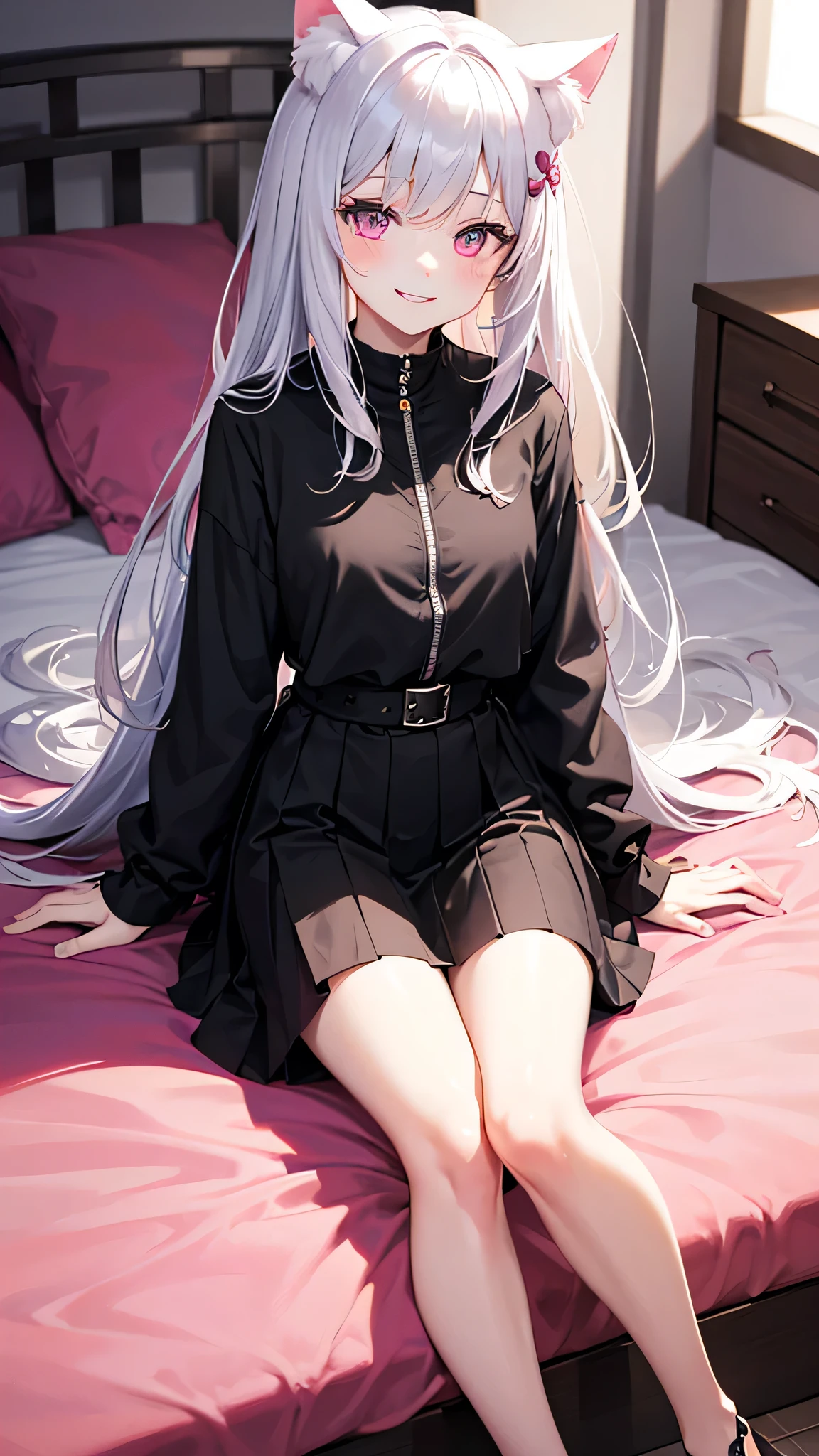 Center of chest,pretty girl,Cat ear,Beautiful silver hair,Pink inside,Beautiful pink eyes,black shirt,black skirt,dark,smile, resting under their chin,