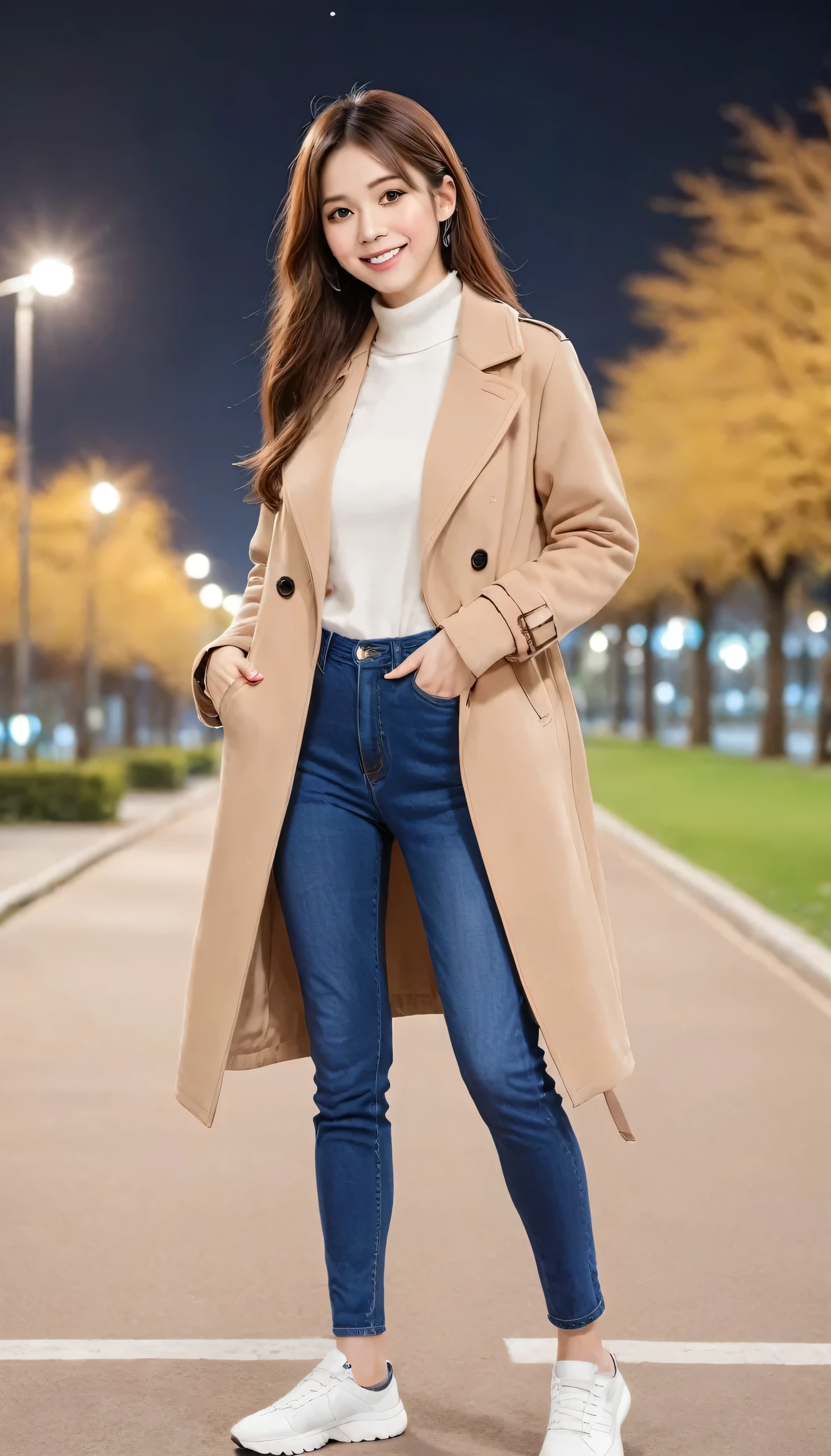 high quality,16K:1.1),(Depth of written boundary:1.3) ,Full body photo、Standing woman、smile、Wearing a coat、shirt、Skinny jeans、sneakers、View your viewers:1.3),(Full Body Shot:1.2),Background is a park at night
