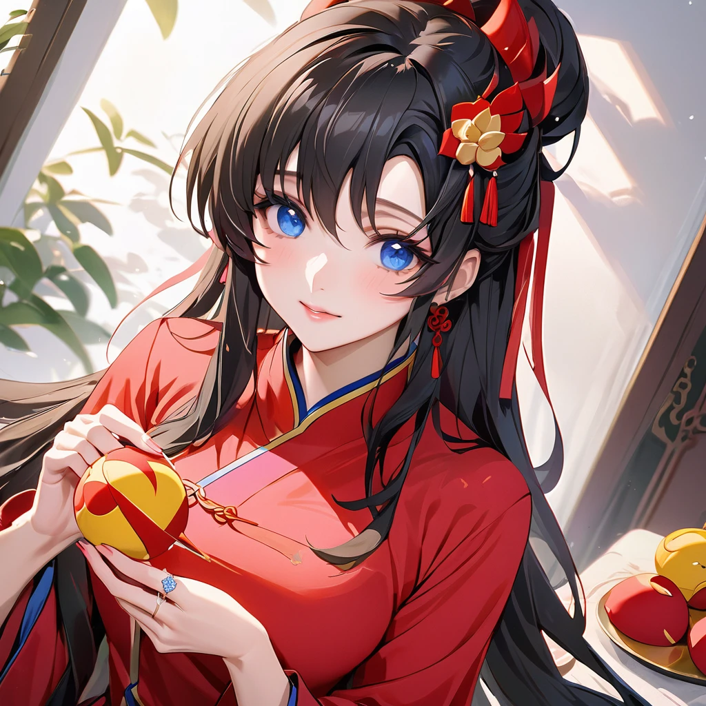 ((Highest quality)), ((masterpiece)), (detailed), （Perfect Face）、The woman is a Chinese Lacus Clyne, an ordinary Chinese woman with blue eyes and medium-long black hair, wearing an engagement ring.、The woman is dressed in typical Chinese clothing.、For China, they dye their hair, hairstyle, clothes, and everything they wear is Chinese, and their thoughts are Chinese, so they become great Chinese in body and mind.、The woman became Lacus Clyne, a Chinese woman who was proud of and loved China.