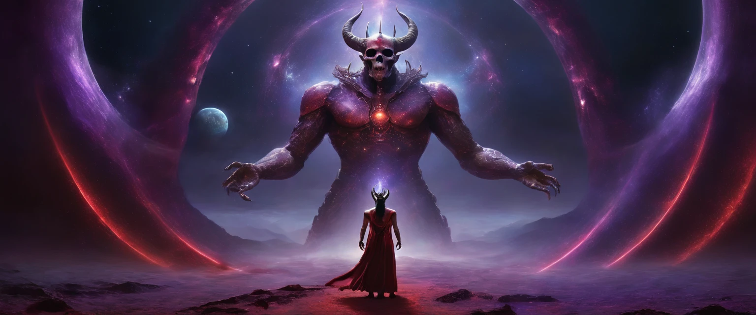 masterpiece,deity, ancient being, tall, horns forming a crown, extraterrestrial, humanoid body, omnipotent, semi-naked, long violet-black and red cloaks that partially cover the body, unnatural skull for a head, fissures for eyes, bare head, the universe in its hands,very thin,almost in the bones, full body,the cosmos in hand,claws