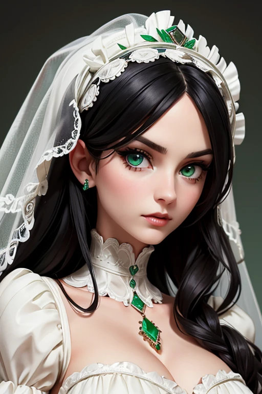 victorian era woman, White skin, long black hair, emerald green eyes, marked cheekbones and jaw, High status, wedding dress 