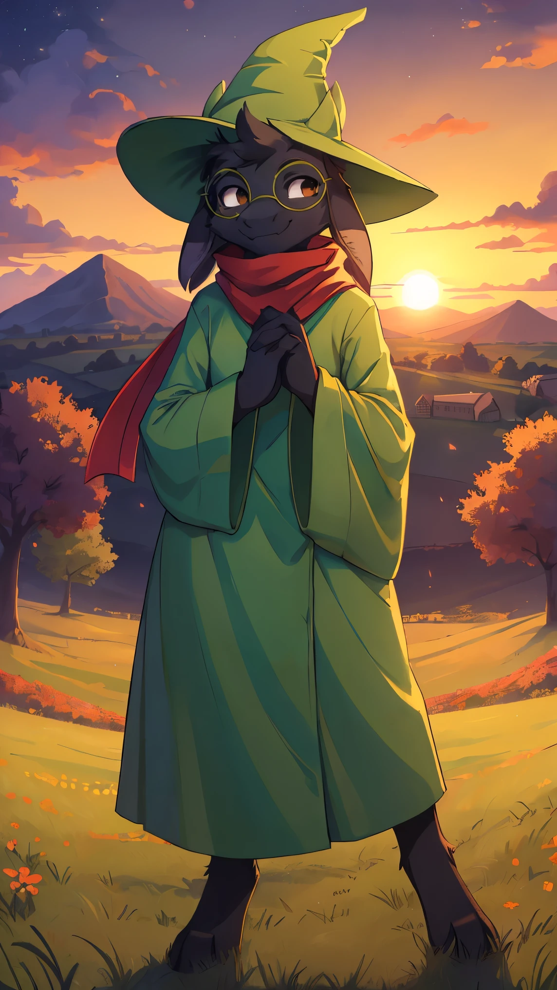 uploaded on e621, ((by Reysi)), (((Ralsey))), (goat), (Red scarf, green robe, green wizard hat, green glasses), smile, (pose:1.3), (Posing:1.3), (Soft shading), 4k, in an orange field with a town in the distance at sunset
