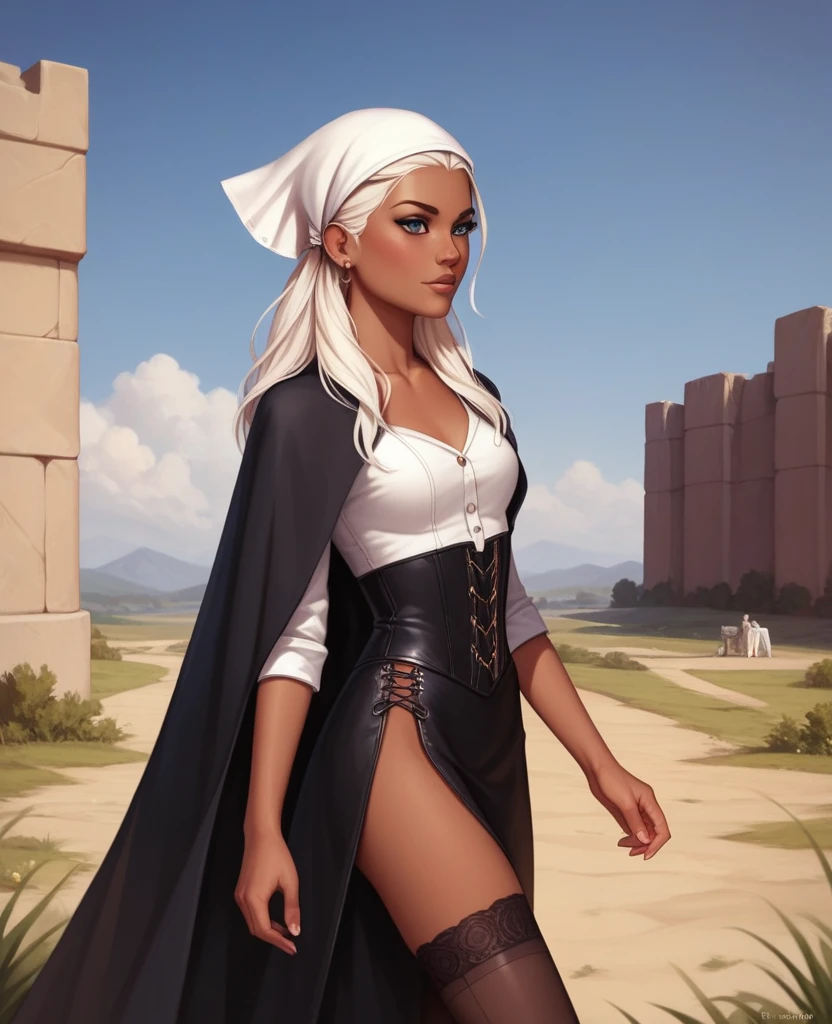 ((best quality)), ((masterpiece)), (detailed), 1girl, mixed race girl, African American + Caucasian girl with lighter skin, young woman, pretty, skinny, white hair, modern western attire, dark cloak, wearing casual clothes underneath cloak, black skirt, stockings, 2024 style corset top (modern look, no shirt underneath), modest, small head scarf/ hair tied, long hair