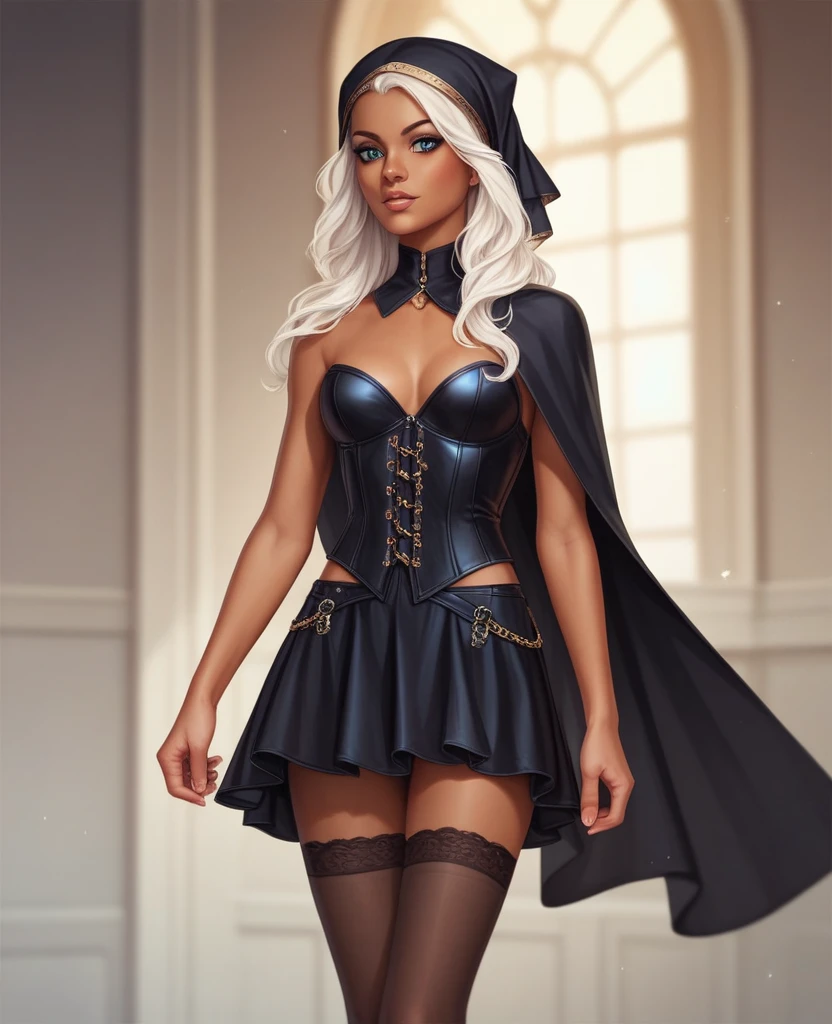 ((best quality)), ((masterpiece)), (detailed), 1girl, mixed race girl, African American + Caucasian girl with lighter skin, young woman, pretty, skinny, white hair, modern western attire, dark cloak, wearing casual clothes underneath cloak, black skirt, stockings, 2024 style corset top (modern look, no shirt underneath), modest, small head scarf/ hair tied, long hair