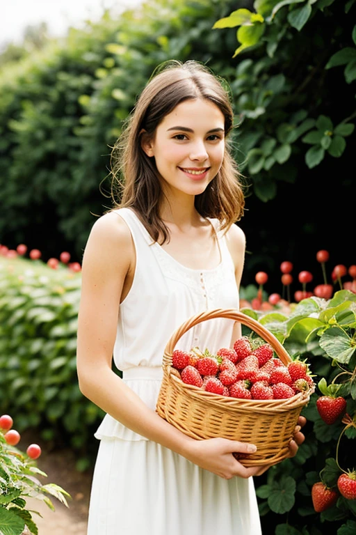 Young handsome cute white skinny soft skinny beautiful face in a strawberry garden with a basket 