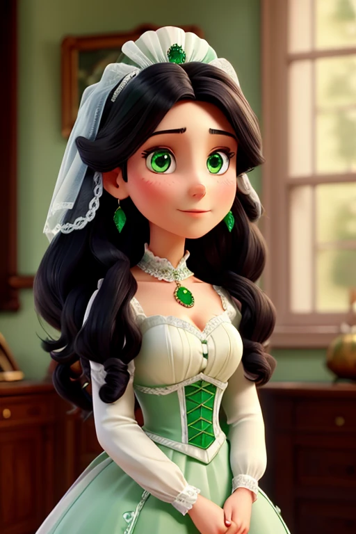 victorian era woman, White skin, long black hair, emerald green eyes, marked cheekbones and jaw, High status, wedding dress