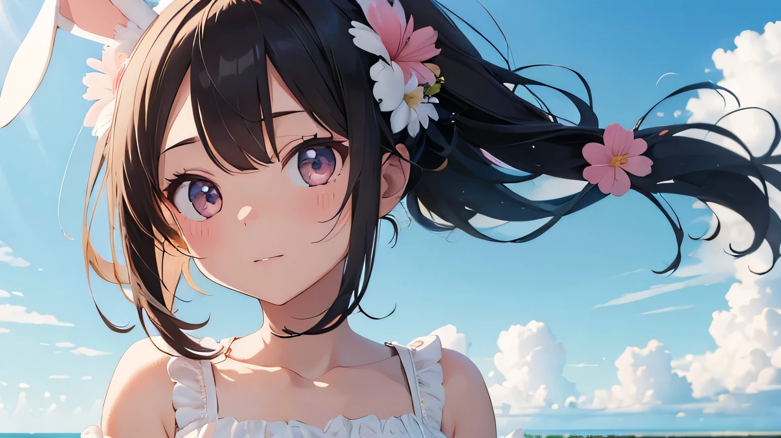 Highest quality, pretty girl, pastel colour, Fluffy bunny ears,cute、Small Flower