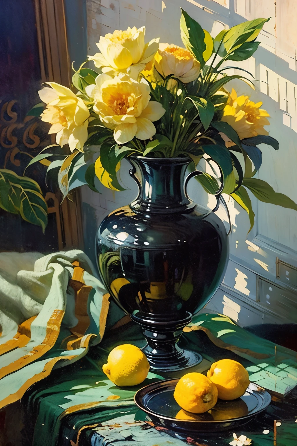 Oil painting still life, Historical indoor environment, Dark Room, Cinema Lighting, Contrast lighting, Lemons on the table, Dark drape fabric, Black peonies in a glass vase, Lemon peel