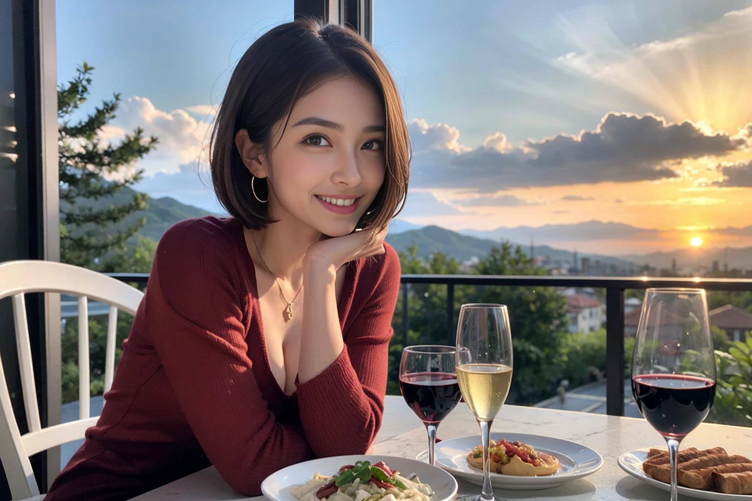 (Realistic:1.1),(masterpiece,Highest quality),8k,(49 years old), 53 years old, ベリーslimボディ、slimカップル、Tight waist,Upper Body,full-course dinner、wine 、Amazing view of the sunset sky and clouds、Perfect Anatomy, Brown Hair, short hair,Random Hairstyles,((Highly detailed face and eyes:1.2)),Perfect golden ratio face,Long sleeve shirt、dress,(smile:1.2)、Shortcuts、cute、(Realistic, Intricate details:1.2), A bright smile、short hair,Bright Face、赤wine 、Appetizers、Italian food、wine bottle、Champagne、スパークリングwine、(slimな顔), (The body is slim), (Brown Hair), (Shortcuts), Upper Body, 白wine, slim, wineグラス,