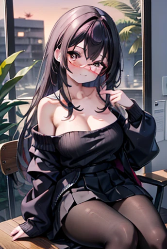 Commercial purposes, Next to Kasumigaoka, Black Hair, hair band, Long Hair, (Red eyes:1.5), smile,blush,Black Abyss Glasses,Off-the-shoulder sweater,Exposing shoulders,Bare neck,bare clavicle,Long skirt,Black Pantyhose,There is a computer on the desk.,touch typing,interior,Foliage plant,Sitting in a chair,Large Breasts、
break looking at viewer,
break indoors, workroom,
break (masterpiece:1.2), Highest quality, High resolution, unity 8k wallpaper, (shape:0.8), (Fine and beautiful eyes:1.6), Highly detailed face, Perfect lighting, Highly detailed CG, (Perfect hands, Perfect Anatomy),