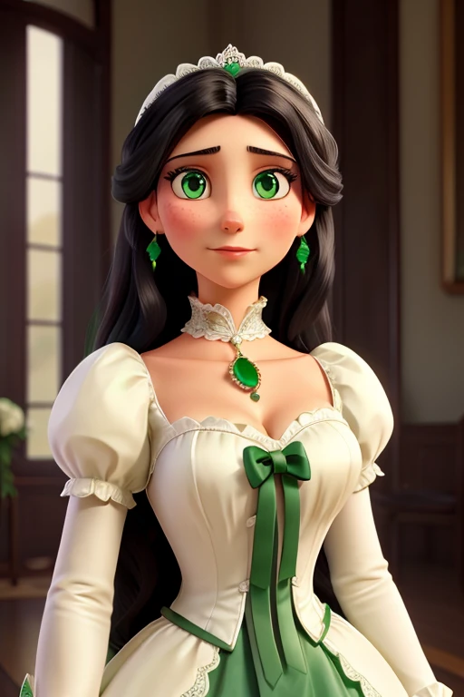 victorian era woman, White skin, long black hair, emerald green eyes, marked cheekbones and jaw, High status, wedding dress 