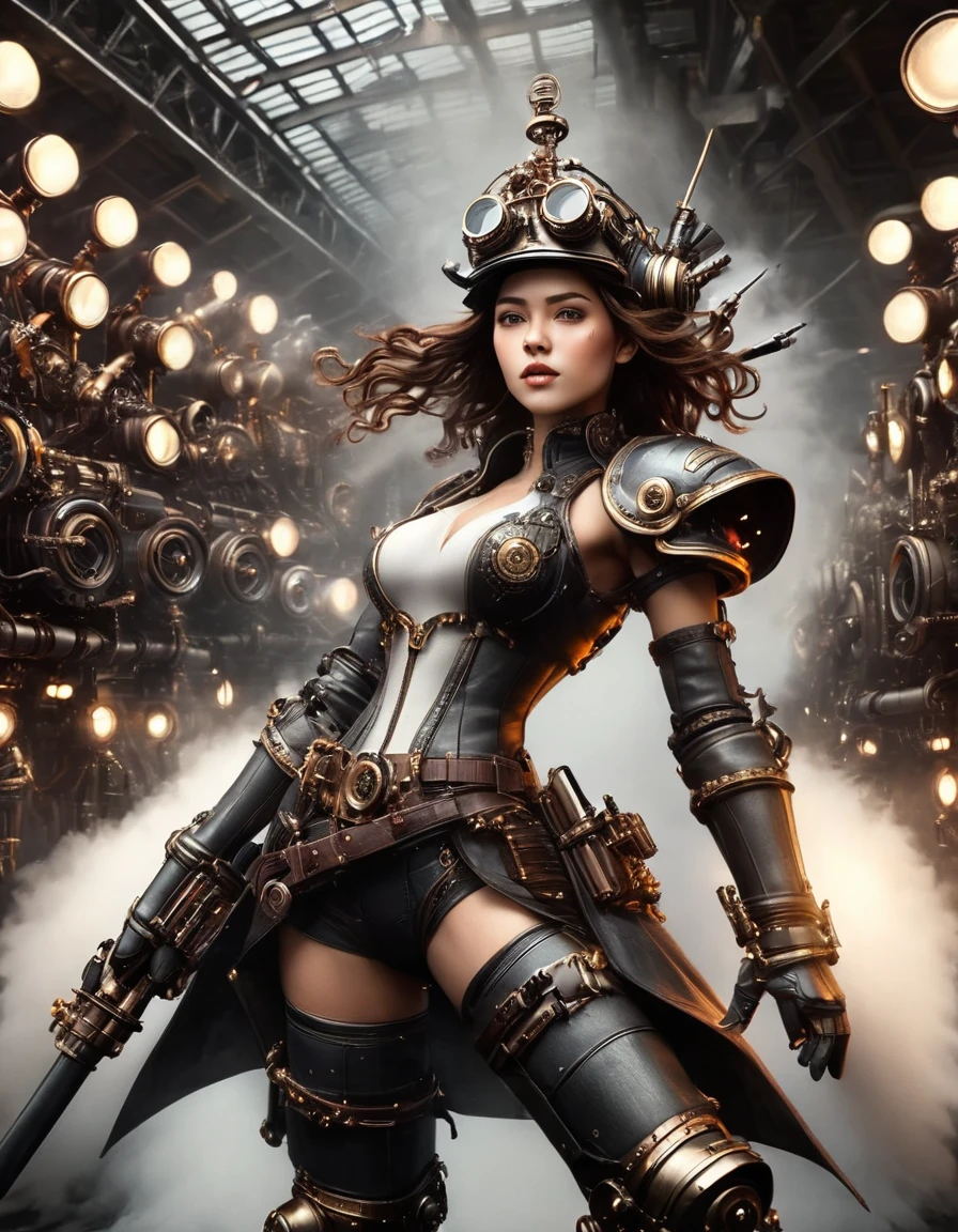 steampunk 飛行機の整備工場, Standing in a factory packed with cutting-edge technology、A very sophisticated beautiful female cyborg fighter pilot, With arms raised above head, exposing armpits, (Fancy crop top、Flight jacket、Leather shorts、Helmet、goggles、Wear gloves), Complex Machinery部品, Glowing Cybernetic Enhancements, Perfect Skin, Delicate facial features, beautifully detailed eyes, Sharp Nose, full, beautifully detailed lips, Long eyelashes, Highly detailed eyes and face, Muscular, Perfect and ideal ratio, big, Tight waist, Big Ass, Captivating look, Six Pack, belly button, Tattoo, Light without shadows, Moody and dynamic atmosphere, Dramatic lighting, Structure of the film, Vibrant colors, Exquisite futuristic armor, Graceful pose, Sharp Eyes, (Highest quality, 4K, 8k, High resolution, masterpiece: 1.2), Super detailed, (Realistic, Realistic, Realistic: 1.37), Complex Machinery, Advanced Technology, Dynamic Action, Dramatic Shadows, Movie angle, Intense expression, Dramatic lighting, Neon Highlights, Complex Pattern, Futuristic Setting, Super detailed faces, Structure of the film, Dynamic pose, Tense atmosphere, Rich colors, Advanced weapons, steampunk, Fantasy, Digital Art, Mecha