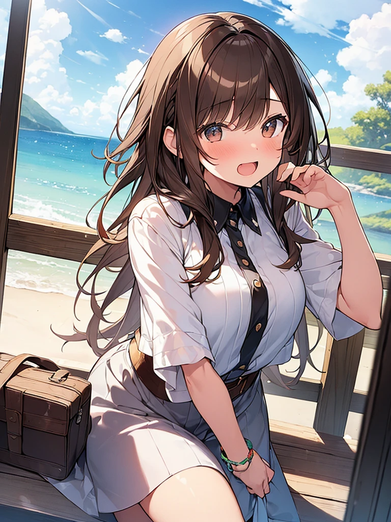(Masterpiece, Top quality: 1.5), (1 girl, solo), large breasts, standard weight, (brown hair:1.3), (airy hair, wavy hair), long hair ,asymmetry bangs, swept bangs, 15 year old, happy:1.1, (flustered:1.2), casual fashion with many gorgeous and colorful decorations, Various Situations:1.2, (dynamic angle:1.3), (Various pose:1.3), magnificent panorama view, open mouth, summer:1.2,  __items__ __items__ __items__, 