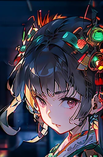 Kuroko Shirai with (chestnut brown hair) and (light hazel brown eyes), wearing a (dark green cyberhanfu),  technogear, glittering neon on a Chinese dress, a cyberpunk city a dawn