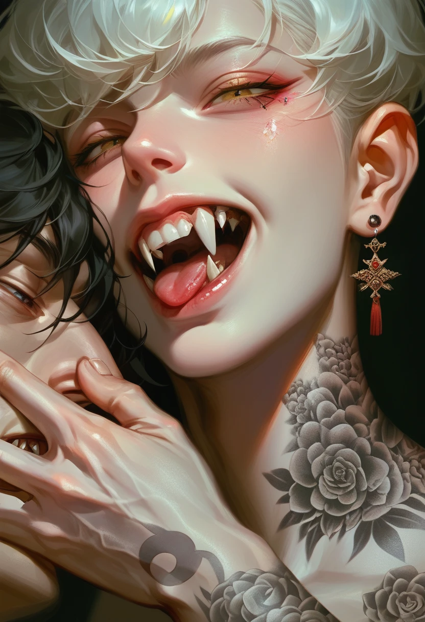 prostitute, bitch tattoo, collar on neck, tongue out, saliva, red faces, bright red lips, seducing action, dirty minded, horny aura, pink windy effect, pink light effect, masterpieces, ultra sharp, colorful art, masterpieces, whole body, sweat, cute fang, perfect pupil detail, messy long hair, expectant eyes, perfect body shape, moisturized body,extreme graphic