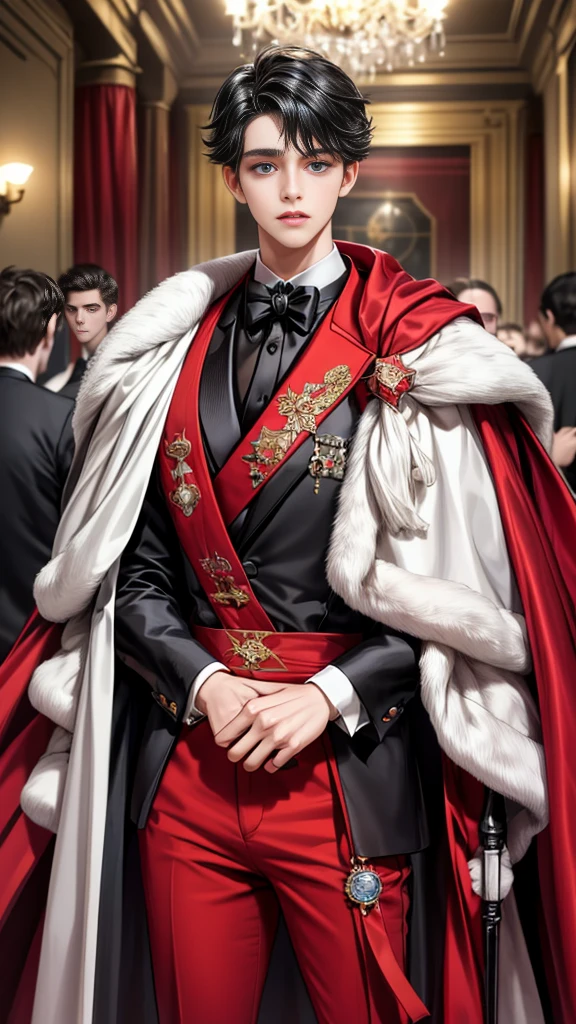 
masterpiece, 最high quality, high quality, 1 boy, alone, Male focus, Watching the audience,  Messy black hair, Adorable big blue eyes, White, Noble, Noble,A sexy, voluminous, puffy cape、tuxedo、A very voluminous, large, very large, very large, long, long red and black cape with a high stand-up collar, made of a lot of fabric that reaches down to the floor., ,Cute beautiful boys,Cute, cute, kind, handsome guy