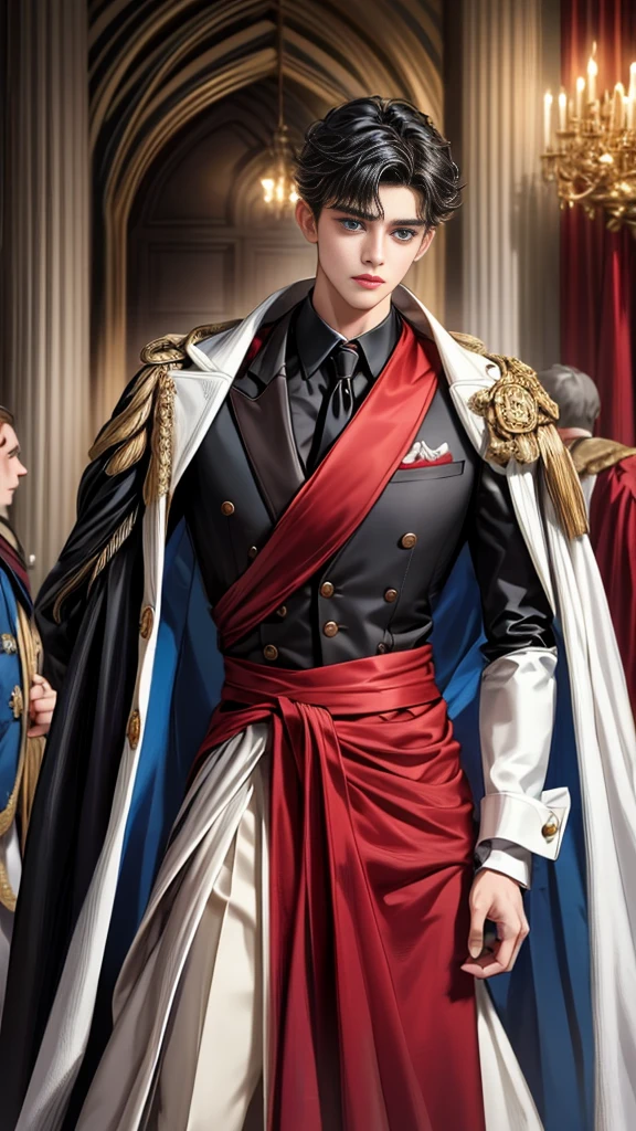 
masterpiece, 最high quality, high quality, 1 boy, alone, Male focus, Watching the audience,  Messy black hair, Adorable big blue eyes, White, Noble, Noble,A sexy, voluminous, puffy cape、tuxedo、A very voluminous, large, very large, very large, long, long red and black cape with a high stand-up collar, made of a lot of fabric that reaches down to the floor., 17 years old,Cute beautiful boys,Cute, cute, kind, handsome guy