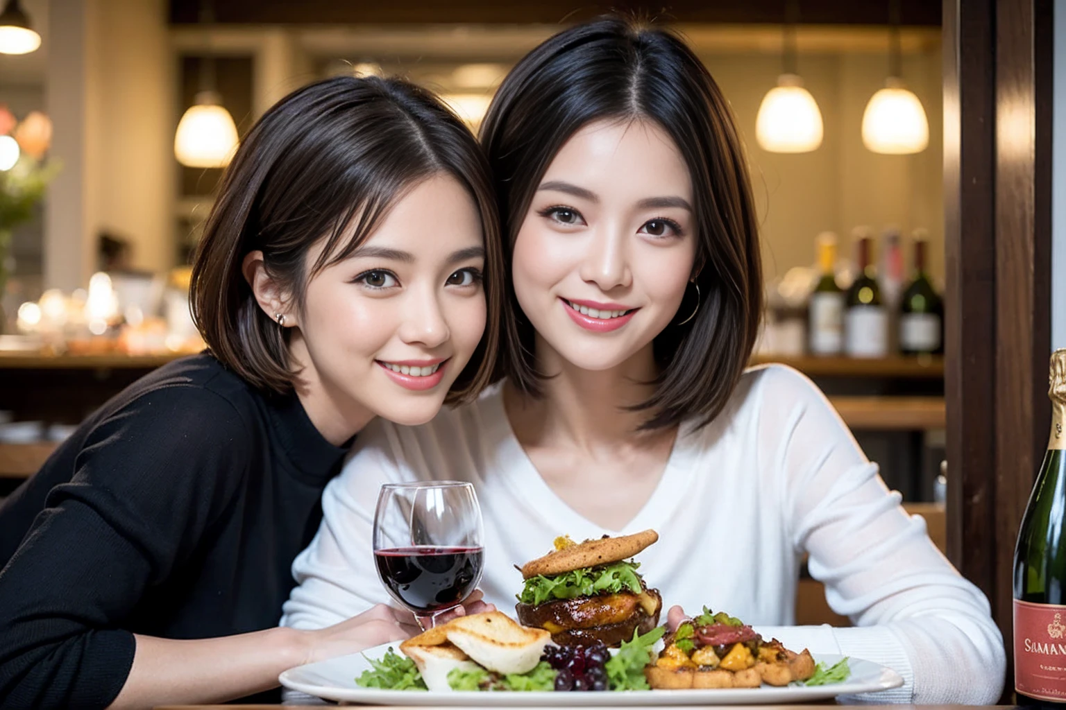 (Realistic:1.1),(masterpiece,Highest quality),8k,(49 years old), 53 years old, ベリーslimボディ、slimカップル、Tight waist,Upper Body,full-course dinner、wine 、Amazing view of the sunset sky and clouds、Perfect Anatomy, Brown Hair, short hair,Random Hairstyles,((Highly detailed face and eyes:1.2)),Perfect golden ratio face,Long sleeve shirt、dress,(smile:1.2)、Shortcuts、cute、(Realistic, Intricate details:1.2), A bright smile、short hair,Bright Face、赤wine 、Appetizers、Italian food、wine bottle、Champagne、スパークリングwine、(slimな顔), (The body is slim), (Brown Hair), (Shortcuts), Upper Body, 白wine, slim, wineグラス,