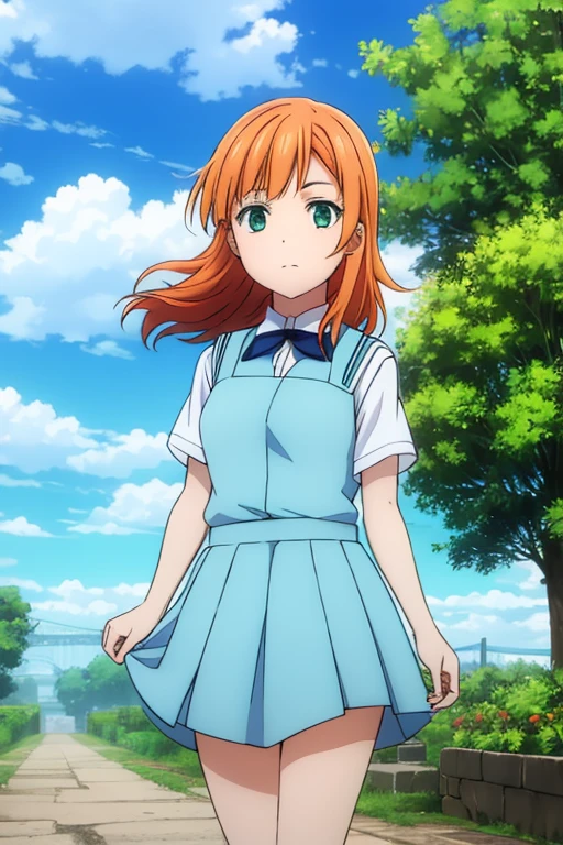 Green eyes, long orange hair, sky blue sailor uniform dress