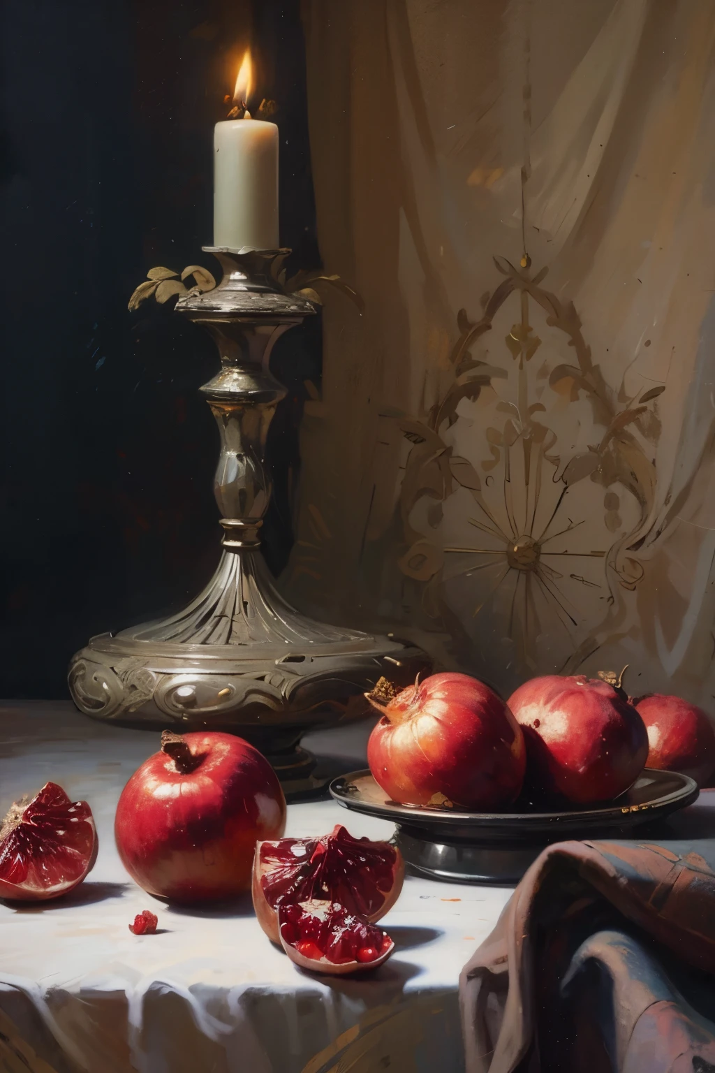 Oil painting still life, Historical indoor environment, Dark Room, Cinema Lighting, Contrast lighting, Pomegranate on the table, Dark drape fabric, Candles