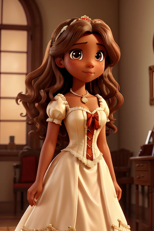 brown and wavy hair, her honey-colored gaze, her thin, rosy lips and light skin tone, wedding dress, low status, Victorian age