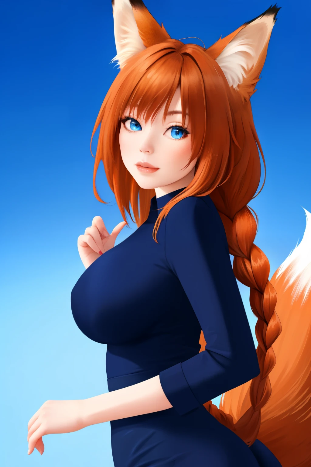 a one woman, Victoria, russet hair, Super long hair, blue colored eyes, big-ass., braid, wide shot, uhd, high quality, high details, best quality, highres, 8k, fox ears, animal tail
