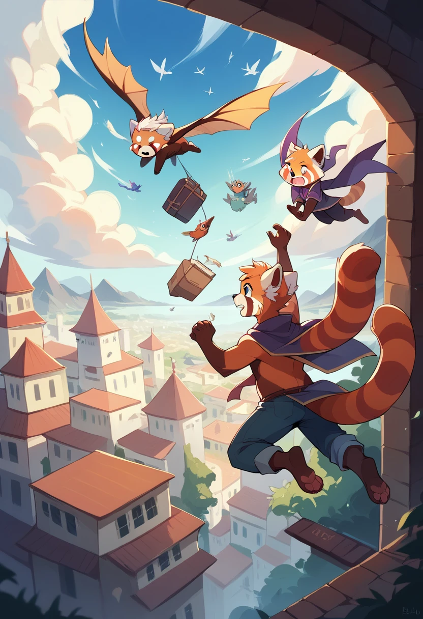 Red Panda Boy,Wizard,fly in the sky,Flying over the city,