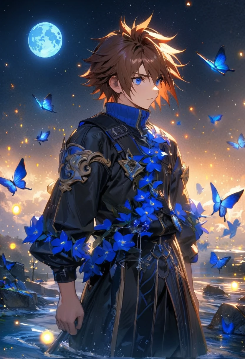 absurderes, high resolution, ultra detaild, HDR, work of art, best qualityer, extremely detaild, Sora, chestnut hair, expressive blue eyes, kingdom hearts , standing alone, bonitas, Black jacke, fancy, water, sparkling wine, bright blue fireflies, blue moon, blue flowers, blue butterflies, starry sky