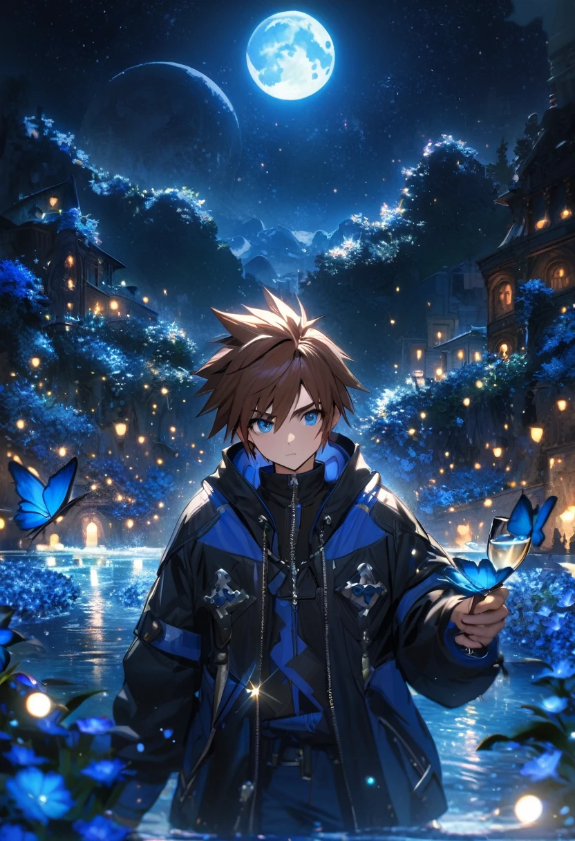 absurderes, high resolution, ultra detaild, HDR, work of art, best qualityer, extremely detaild, Sora, chestnut hair, expressive blue eyes, kingdom hearts , standing alone, bonitas, Black jacke, fancy, water, sparkling wine, bright blue fireflies, blue moon, blue flowers, blue butterflies, starry sky