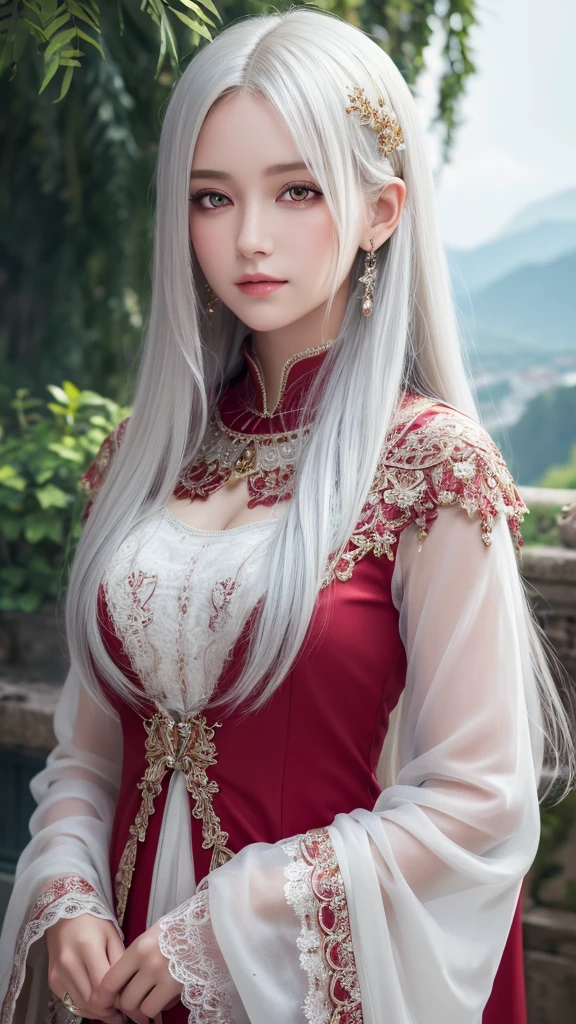 masterpiece, Highest quality, Very detailed, crystal, Intricate details, High resolution, Official Art, Beautifully detailed face and eyes, High resolutionのイラスト, 8k, Depth of written boundary, Bokeh, alone, One girl, A goddess with white hair and red eyes, Long white hair, Beautiful red eyes, Beautiful Landscape, Rainy Town, Upper Body, View your viewers,