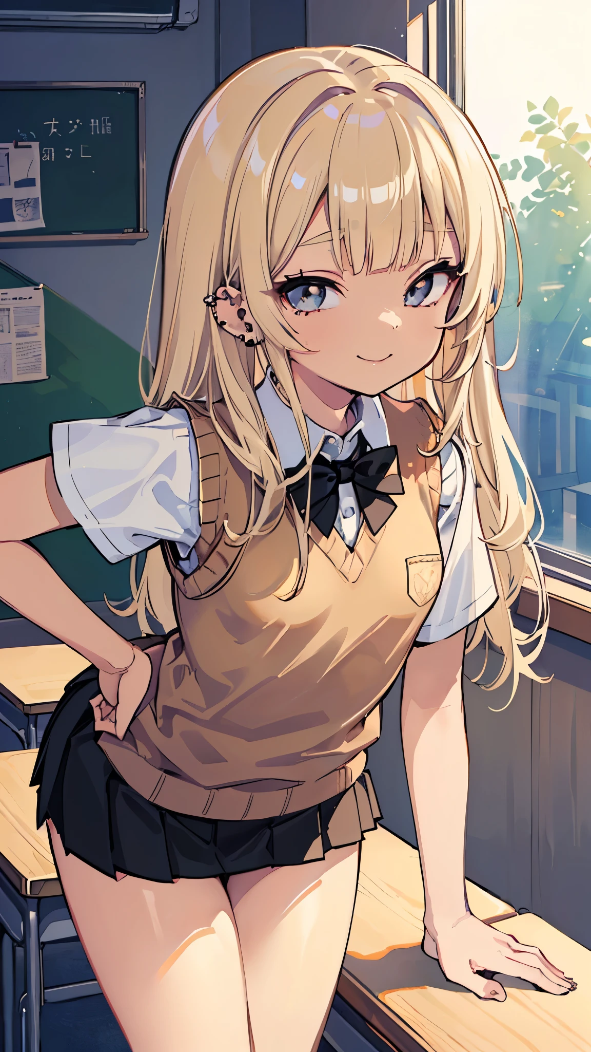 (masterpiece、Highest quality、Very detailed))、One girl、((Brown skin:1.3))、Blonde、Long Hair、blunt bangs、Wavy Hair、Grey Eyes、evil smile、((lots of piercing))、((Small breasts))、((Collared shirt))、((light brown sweater vest))、((Black pleated skirt))、((micro miniskirt))、((bent over))、Cowboy Shot、Pretend、Shoot from behind、Classroom Background