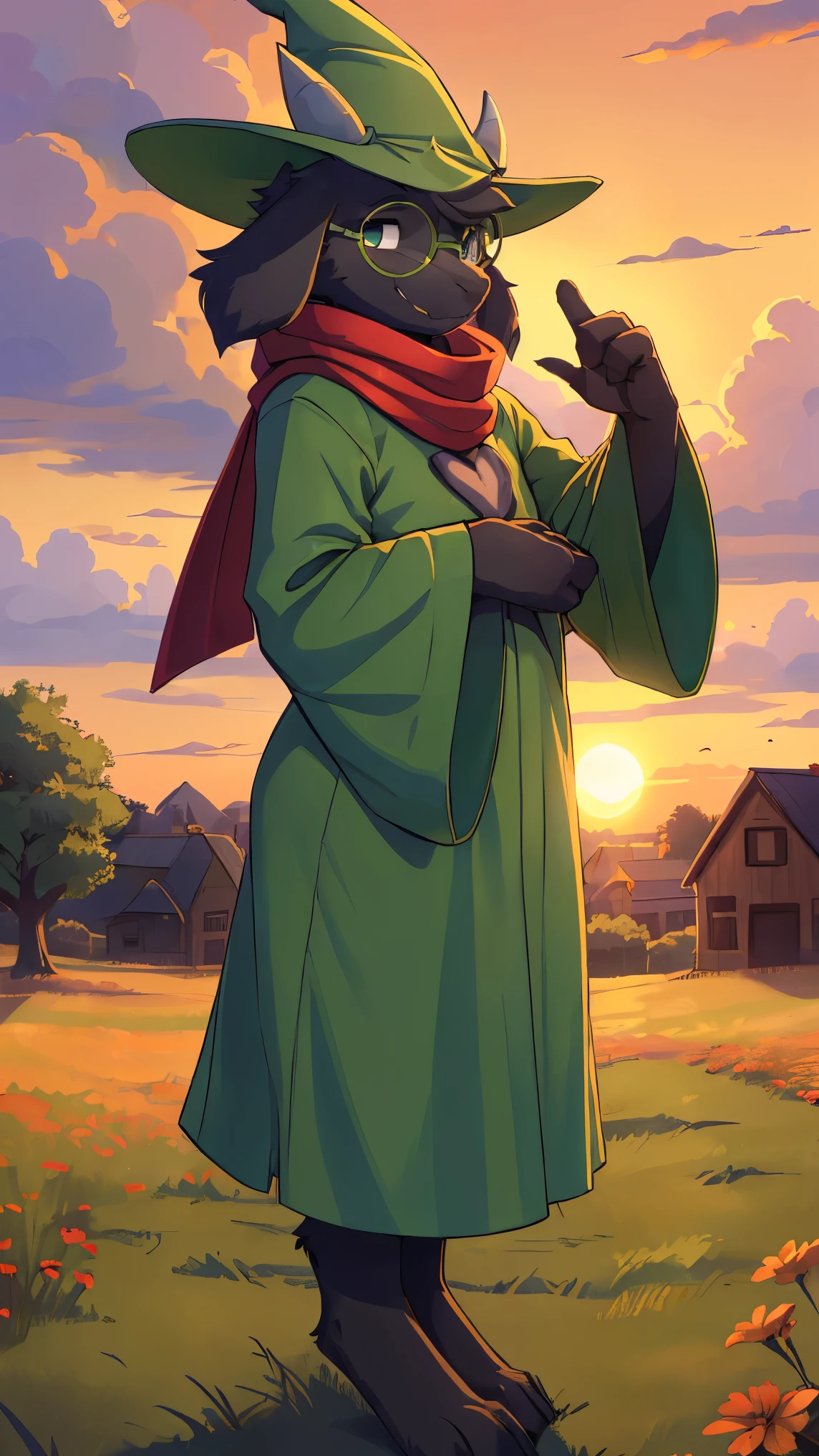 uploaded on e621, ((by Reysi)), (((Ralsey))), (goat), (Red scarf, green robe, green wizard hat, green glasses), smile, (pose:1.3), (Posing:1.3), (Soft shading), 4k, in an orange field with a town in the distance at sunset
