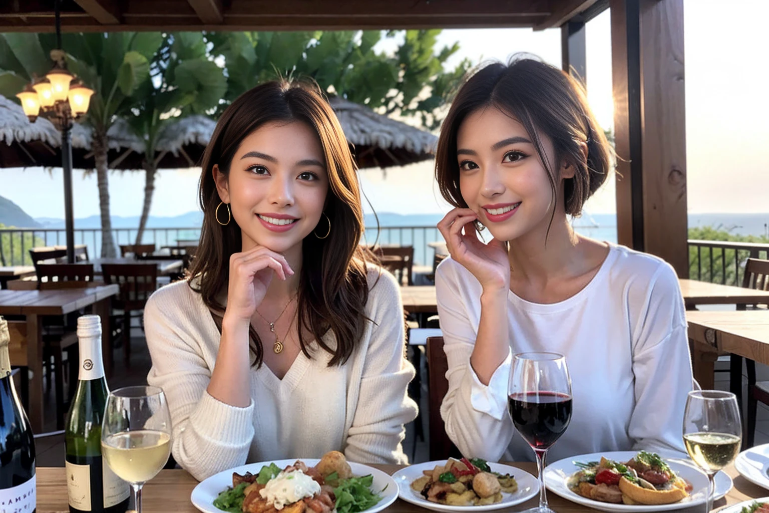 （Realistic:1.1）,(masterpiece,Highest quality)，8k,(49 years old), 53 years old, ベリーslimボディ、slimカップル、Tight waist,Upper Body,full-course dinner、wine 、Amazing view of the sunset sky and clouds、Perfect Anatomy, Brown Hair, short hair,Random Hairstyles,((Highly detailed face and eyes:1.2))，Perfect golden ratio face，Long sleeve shirt、dress,(smile:1.2)、Shortcuts、cute、(Realistic, Intricate details:1.2), A bright smile、short hair,Bright Face、赤wine 、Appetizers、Italian food、wine bottle、Champagne、スパークリングwine、(slimな顔), (The body is slim), (Brown Hair), (Shortcuts),  Upper Body, 白wine, slim, wineグラス, 