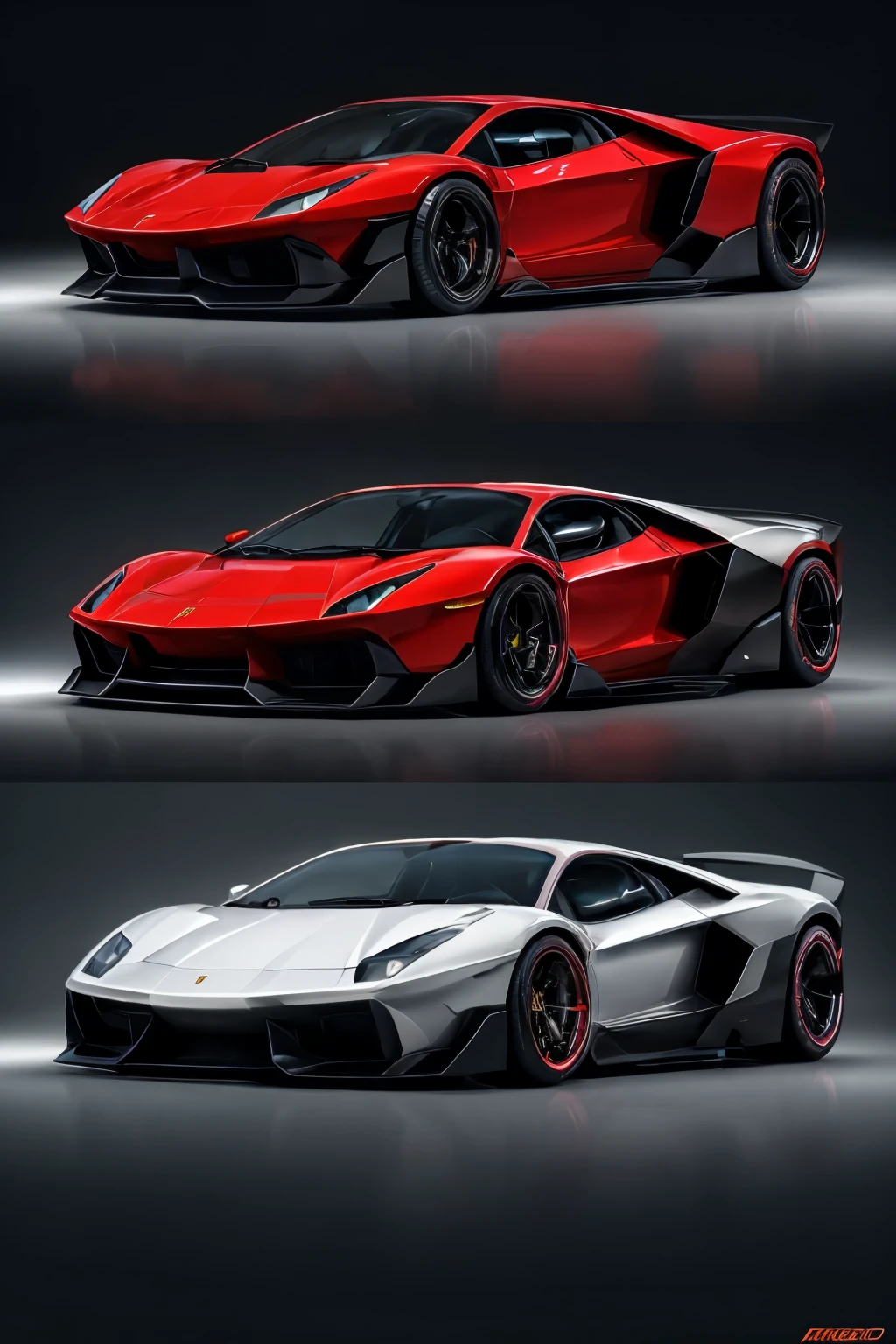 Draw a fusion of Ferrari Enzo and Lamborghini Aventador design in 3 frames, showcasing an exquisite blend of Italian automotive elegance and power.
Frame 1: Front view
The first frame reveals a captivating fusion, embodying the iconic Ferrari Enzo's grille and headlights, seamlessly integrated with the sharply angular intake and menacing presence of the Lamborghini Aventador. The fusion's sleek hood proudly displays a subtle Ferrari shield, while the Aventador's aggressive splitter and vents add a touch of ferocity.
Frame 2: Side view
The second frame presents the car